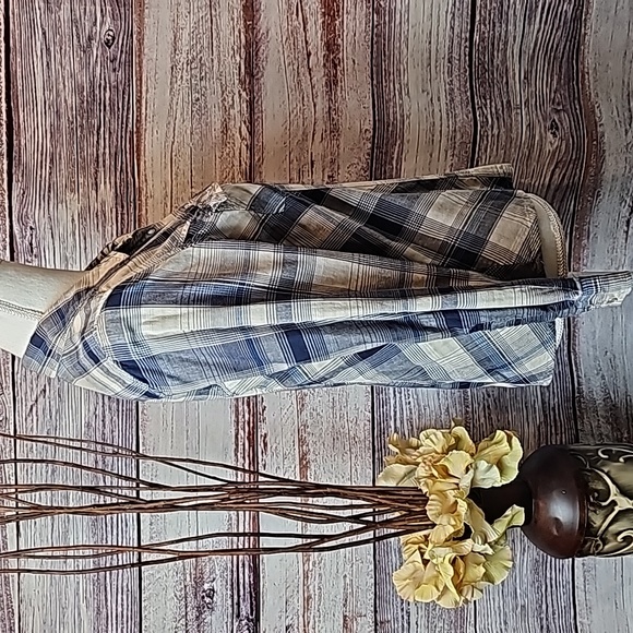 NEW STYLE & CO BLUE PLAID LONG ROLL TAB SLEEVE BUTTON-UP SHIRT - Picture 10 of 16